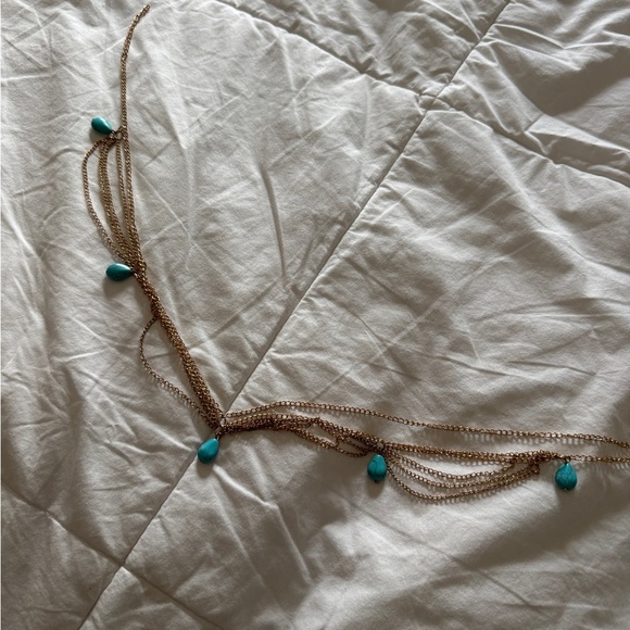 Gold Tone Multi Chain Necklace with Turquoise Teardrop Stones - Picture 6 of 7